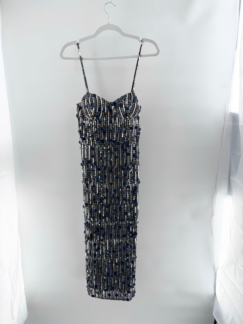 Mac Duggal Sequin & Disc Embellished Midi Slip Dress Black Silver Women's Size 2